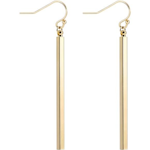 Gold Vertical Bar Dangle Earrings - Geometric Minimalist Jewelry - Picture 6 of 6